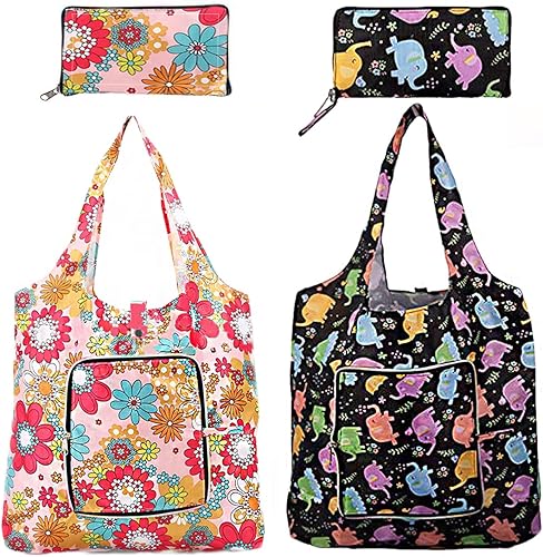 Jiamusi 2 bolsas reutilizables con asas plegables lavables impermeables de gran capacidad bolsas de compras 2pcs Multicolor 5 L
