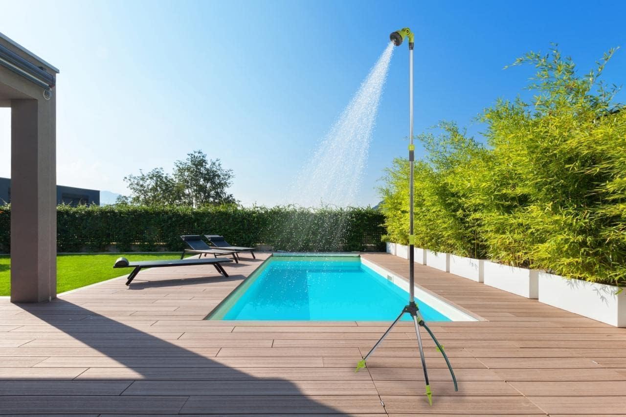 Kinzo Verstellbare Gartendusche - ⌀56 x 160/220CM - Inkl. Stativ, Duschkopf und Gartenschlauchkupplung - Kunststoff/Aluminium - Grün/Silber