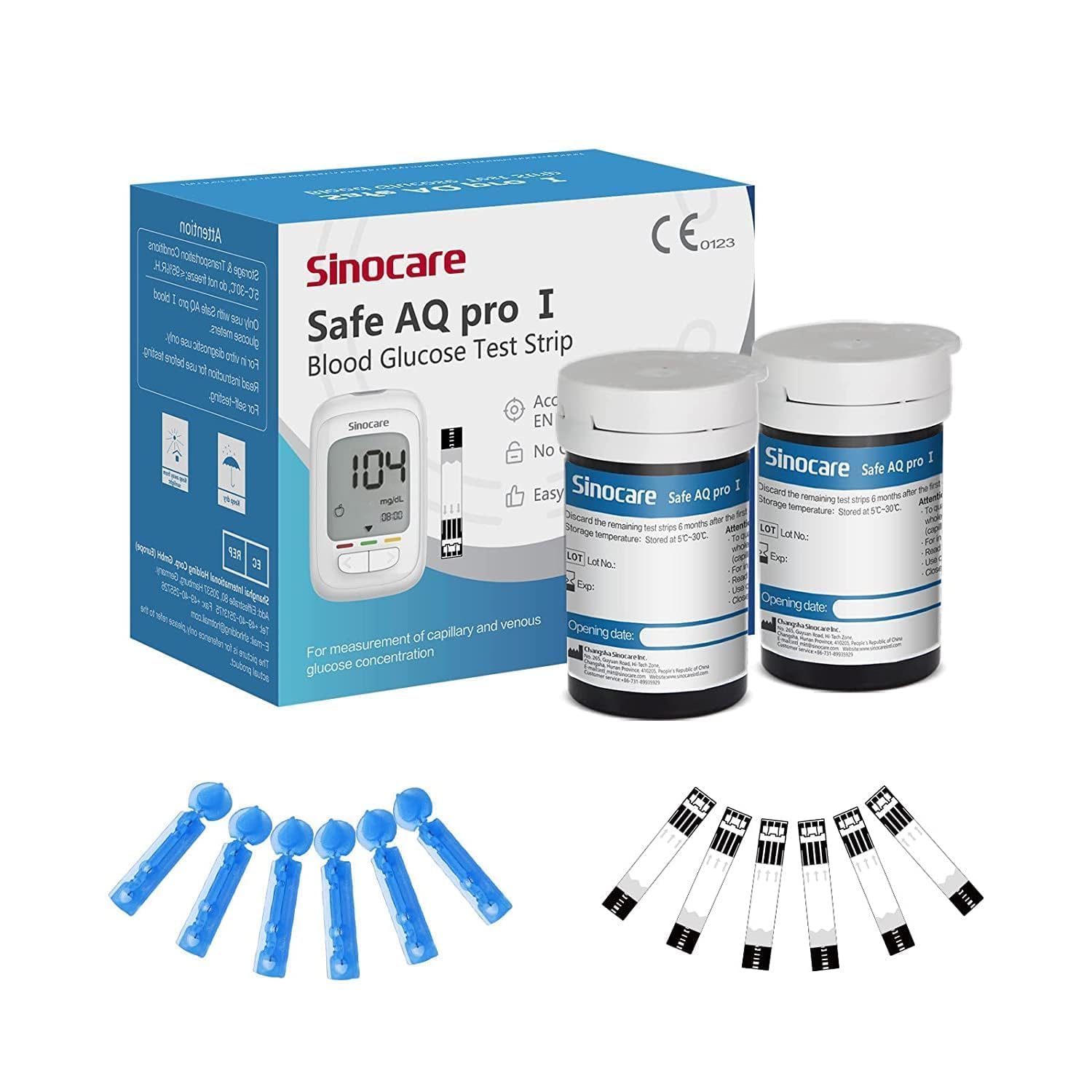 Sinocare Tiras Safe AQ Pro I, 50 x Tiras Reactivas Glucosa Diabetes Sólo para Safe AQ Pro I Certificado ClimatePartner