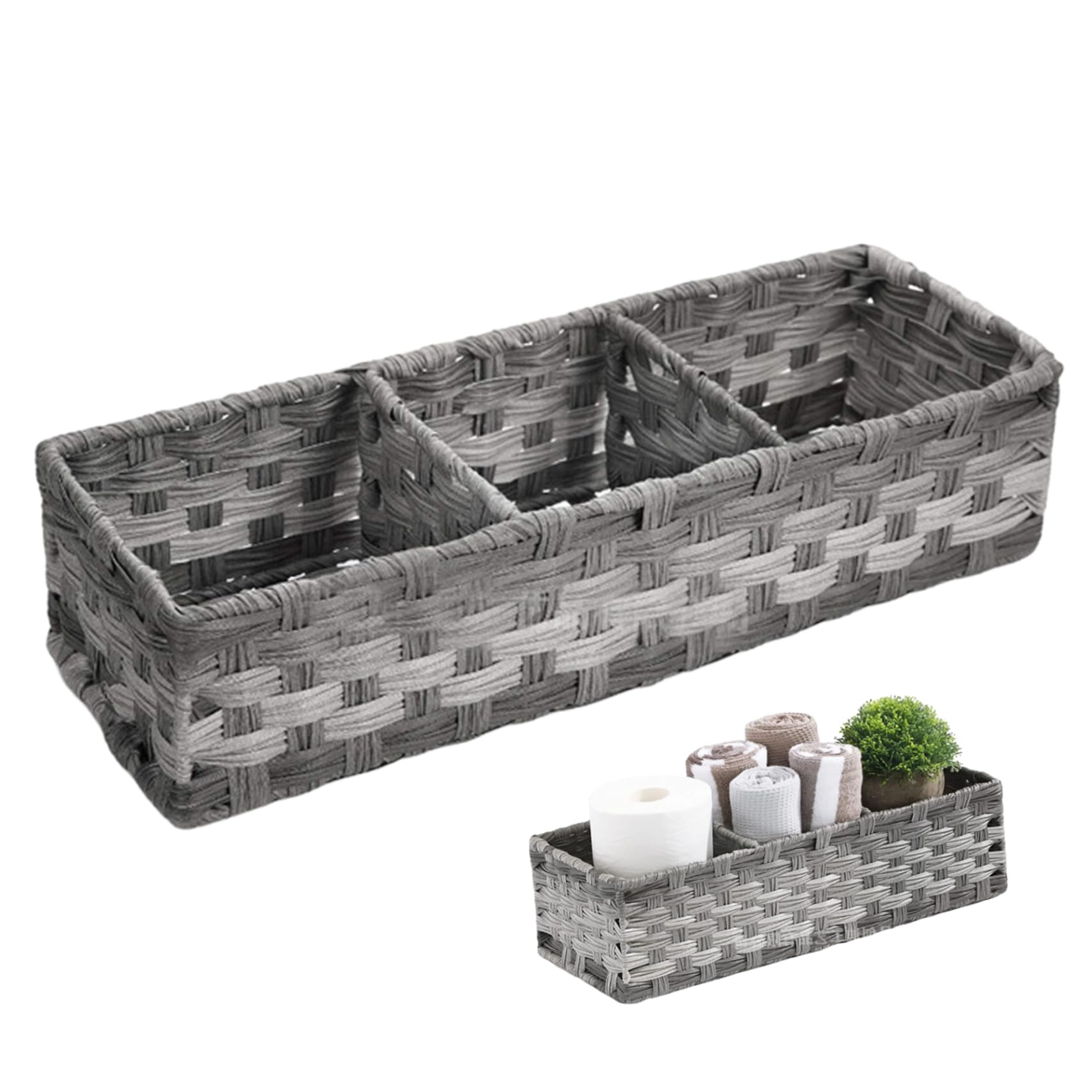Wedhapy Grey Bathroom Storage Baskets Toilet Paper Storage Basket With 3 Divider Rustic Decor Woven Plastic Wicker Basket For Organizingwicker Storage Basket Bathroom Storage Baskets Toilet Paper Basket Small