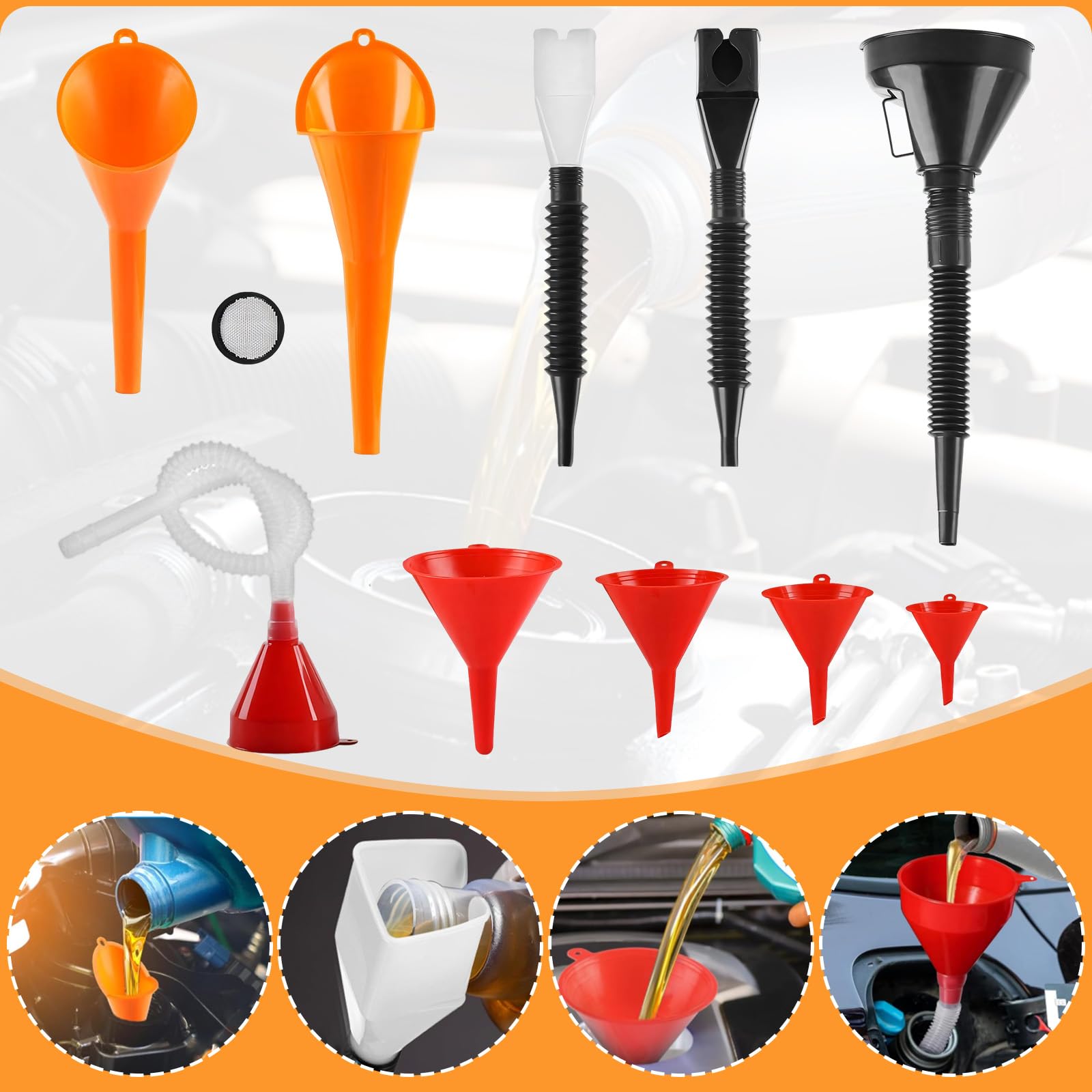 11 Piezas Embudo Gasolina, con Filtro, Manguera, Angulo Recto Flexible, Embudos Plástico para Taller, Hogar, Coche, Motocicleta, Automóvil, Embudo Universal para Aceite, Agua, Combustible Rellenar