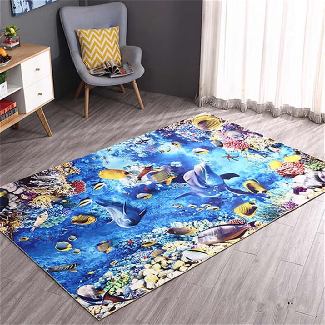 Tapis déco salon bleu 70x140 paysage fonds marins vert pour maison