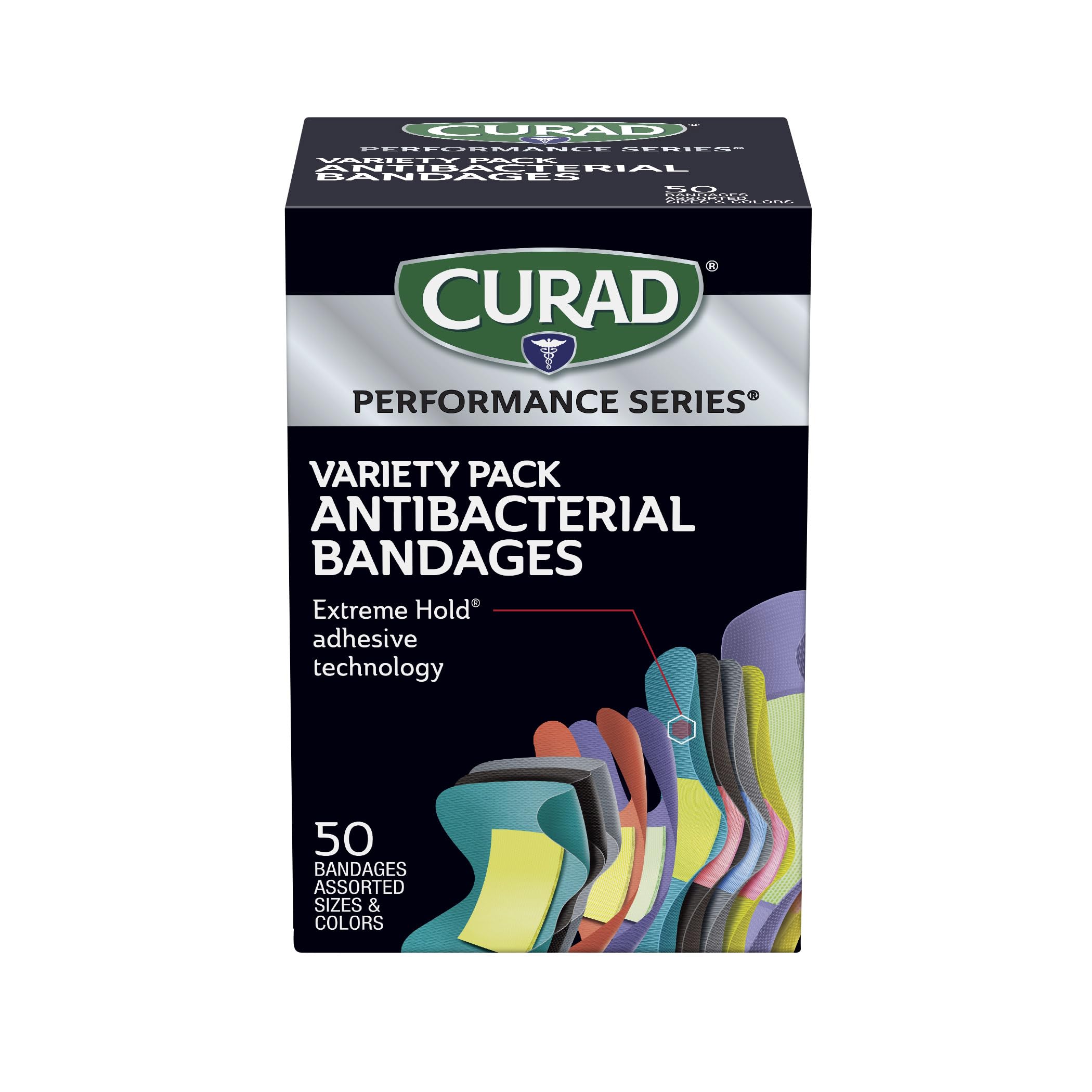 CURAD Performance Series Antibacterial Bandages, Extreme Hold Adhesive Technology, Finger & Knuckle Bandages, Flexible Fabric, Variety Pack with Assorted Sizes & Colors, 50 Count