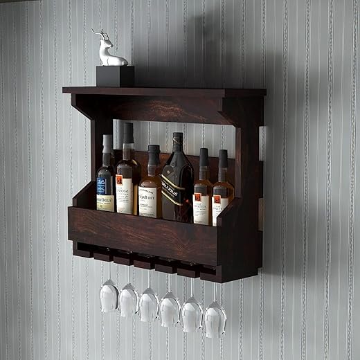 Elavra Wooden Wall Hanging Bar Cabinet - Walnut Finish