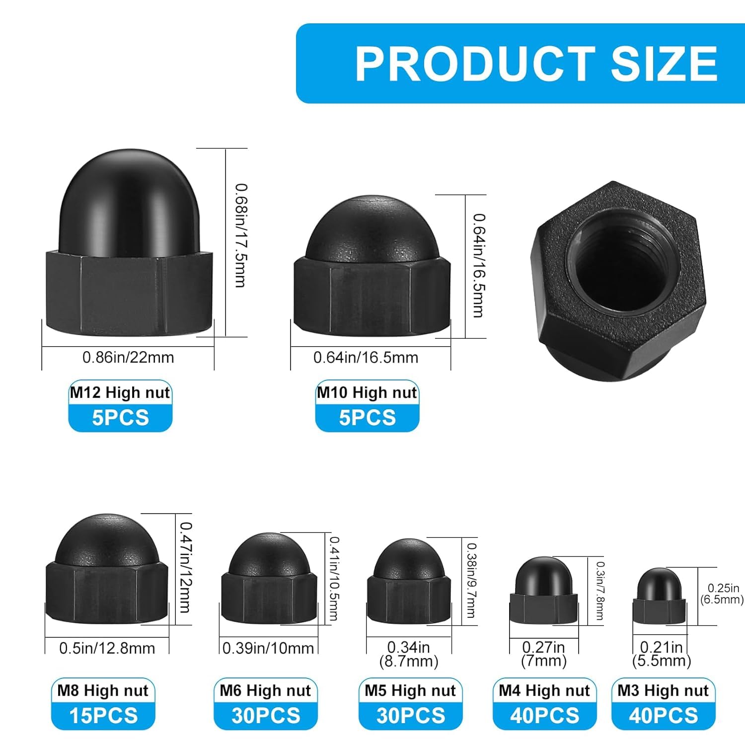 165 Pezzi Dado Cieco a Calotta Set, Dadi Ciechi, M3/M4/M5/M6/M8/M10/M12 Dadi a Cupola Esagonali per Viti, Dado Testa Chiusa nylon a Cupola Copri Bulloni