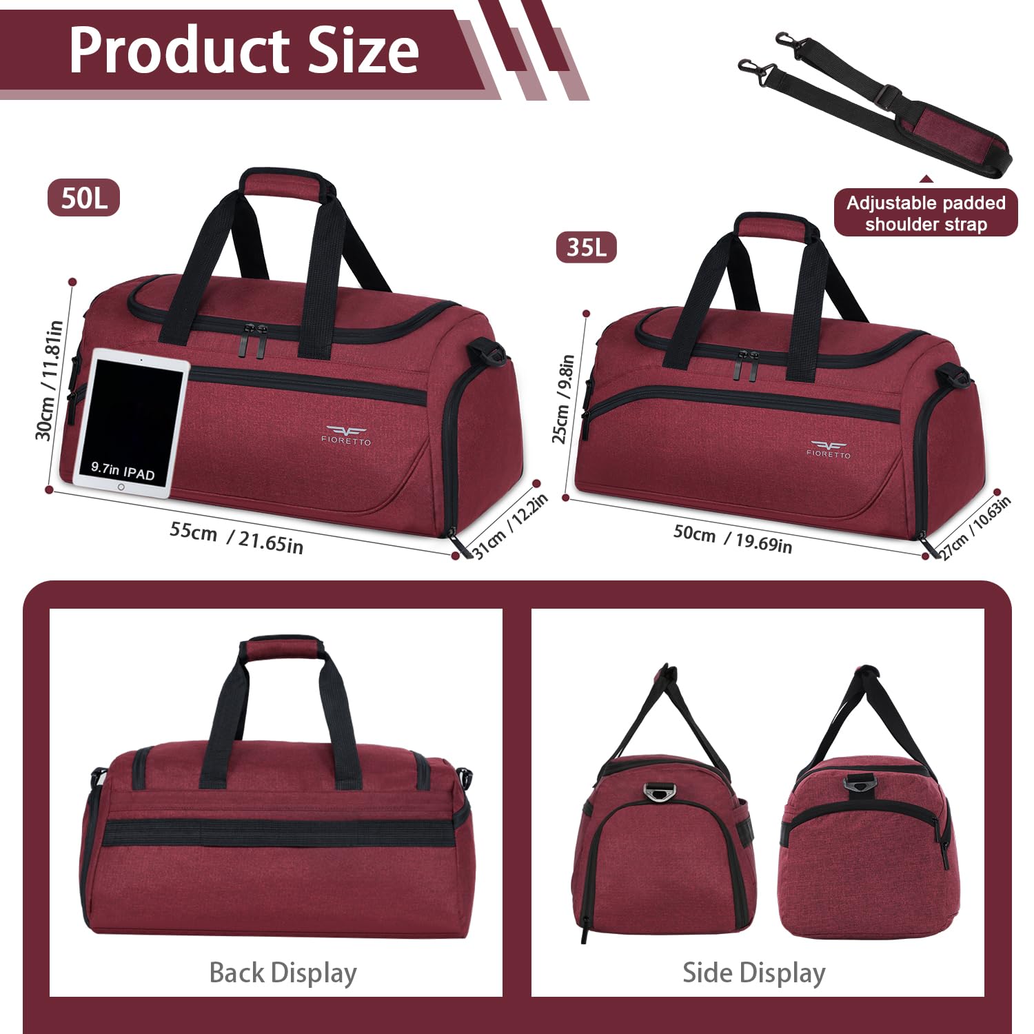 FIORETTO 35L Mens Sports Gym Bag with Wet Pocket & Shoe Compartment,Travel Duffle Bag Overnight Bag with Padded Shoulder Strap - Image 3