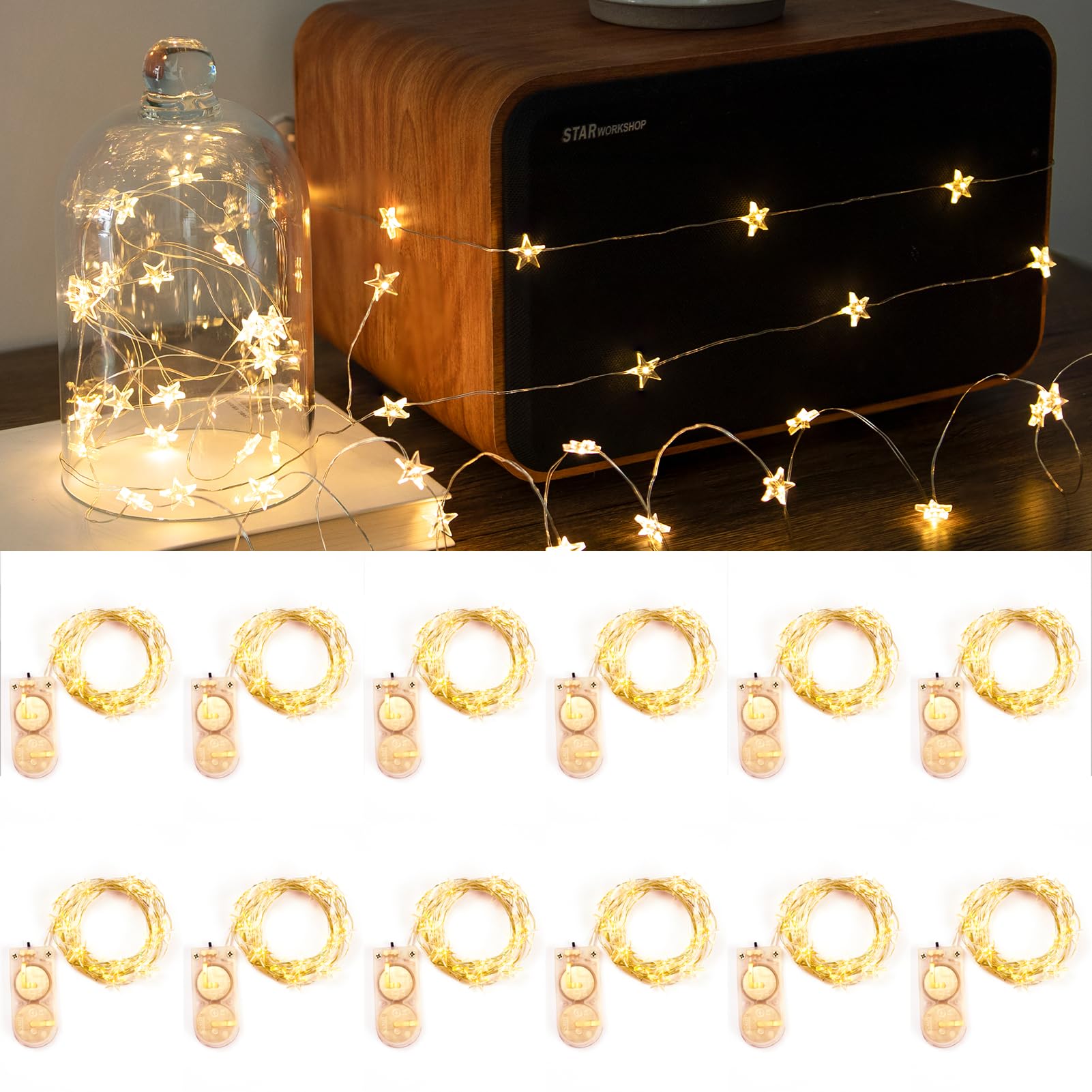 12 confezioni di 20 luci LED a forma di stella, 2 m, a batteria, impermeabili, scintillanti, per fai da te, bottiglie, tavolo, Natale, Ramadan, matrimonio, Halloween, decorazione bianca calda