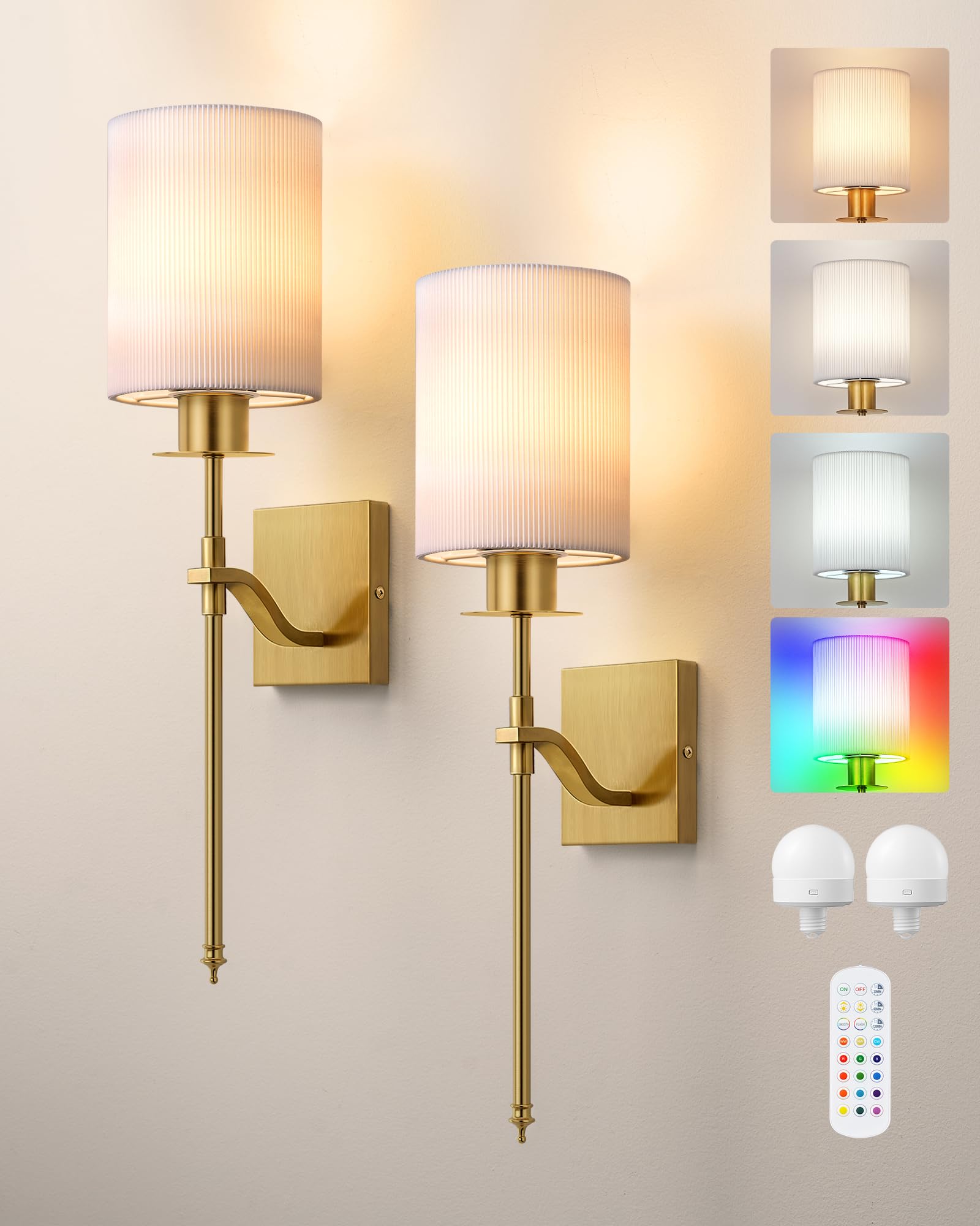 EDISHINE Aplique de pared interior inalámbrico, 2 unidades, mando a distancia y E27 RGBW, bombilla regulable y recargable, 3000K-4500K-6000K, color blanco, base dorada para sala de estar,dorado