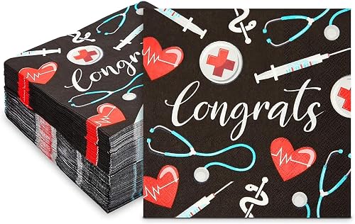 Sparkle and Bash 100-Pack Nurse Graduation Decorations Cocktail Napkins - 6.5in x 6.5in Folded, 13in x 13in Unfolded 2-Ply Black - Absorbent Medical Napkins for RN Party Decor