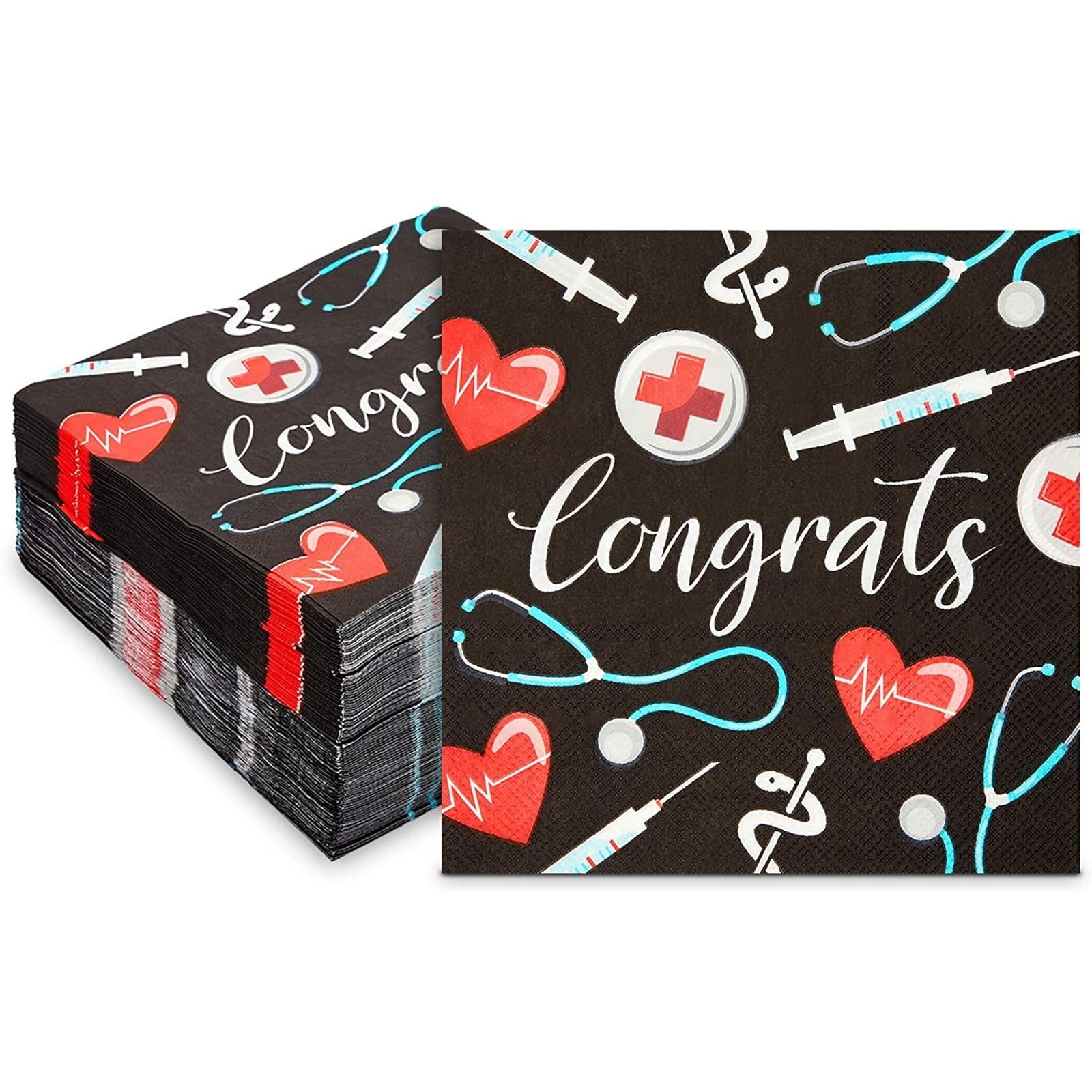 Sparkle and Bash 100-Pack Nurse Graduation Decorations Cocktail Napkins - 6.5in x 6.5in Folded, 13in x 13in Unfolded 2-Ply Black - Absorbent Medical