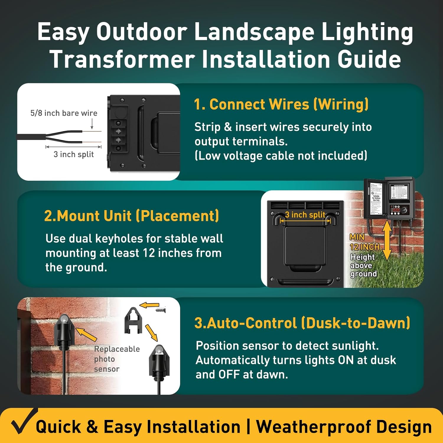 GOLDEN STAR 120W Low Voltage Transformer with Photocell Sensor & Weather Shield - 120V to 12V AC Outdoor Power Supply for LED Landscape Lighting, Spotlights, Pathway Lights (ETL Listed)