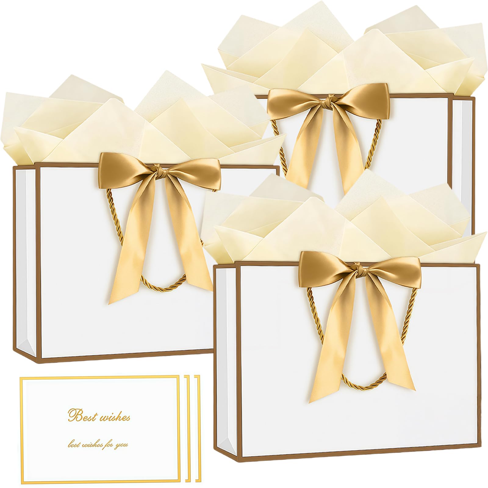 Gift Bags with Handles, 3 Packs Medium Paper Present Bags, Includes 6 Tissue Paper and 3 Greeting Cards for Kids Adult Men Women's Birthday, Wedding, Valentines, Bridesmaid Party (White Gold - 3pcs)