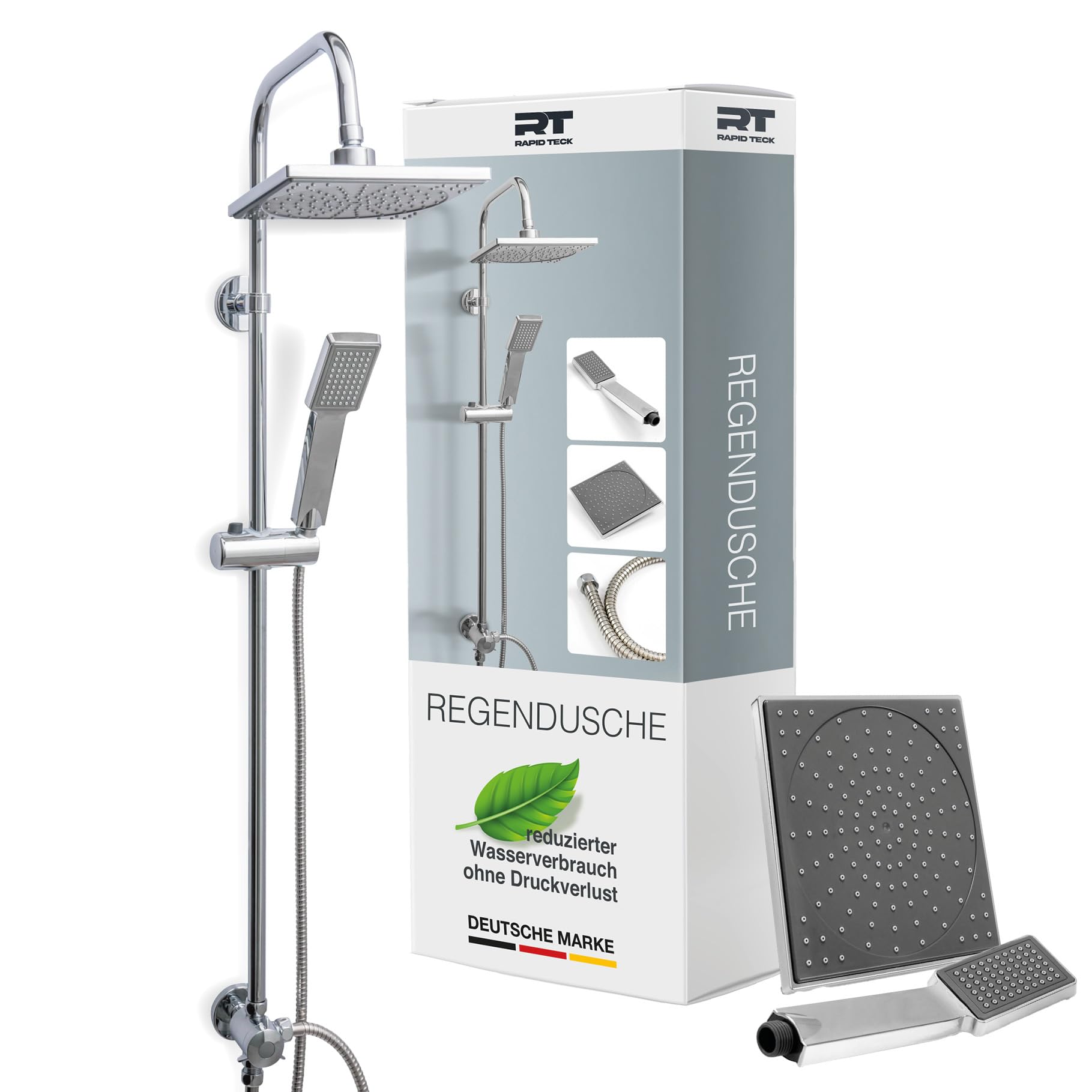 Duschset Edelstahl Duschsystem ohne Armatur, mit Regendusche (176,5 x 176,5 mm) und Handbrause, Regendusche ohne Armatur - Dusche komplett - Chrom Duschwand für Badewanne, Duscharmatur Komplettset