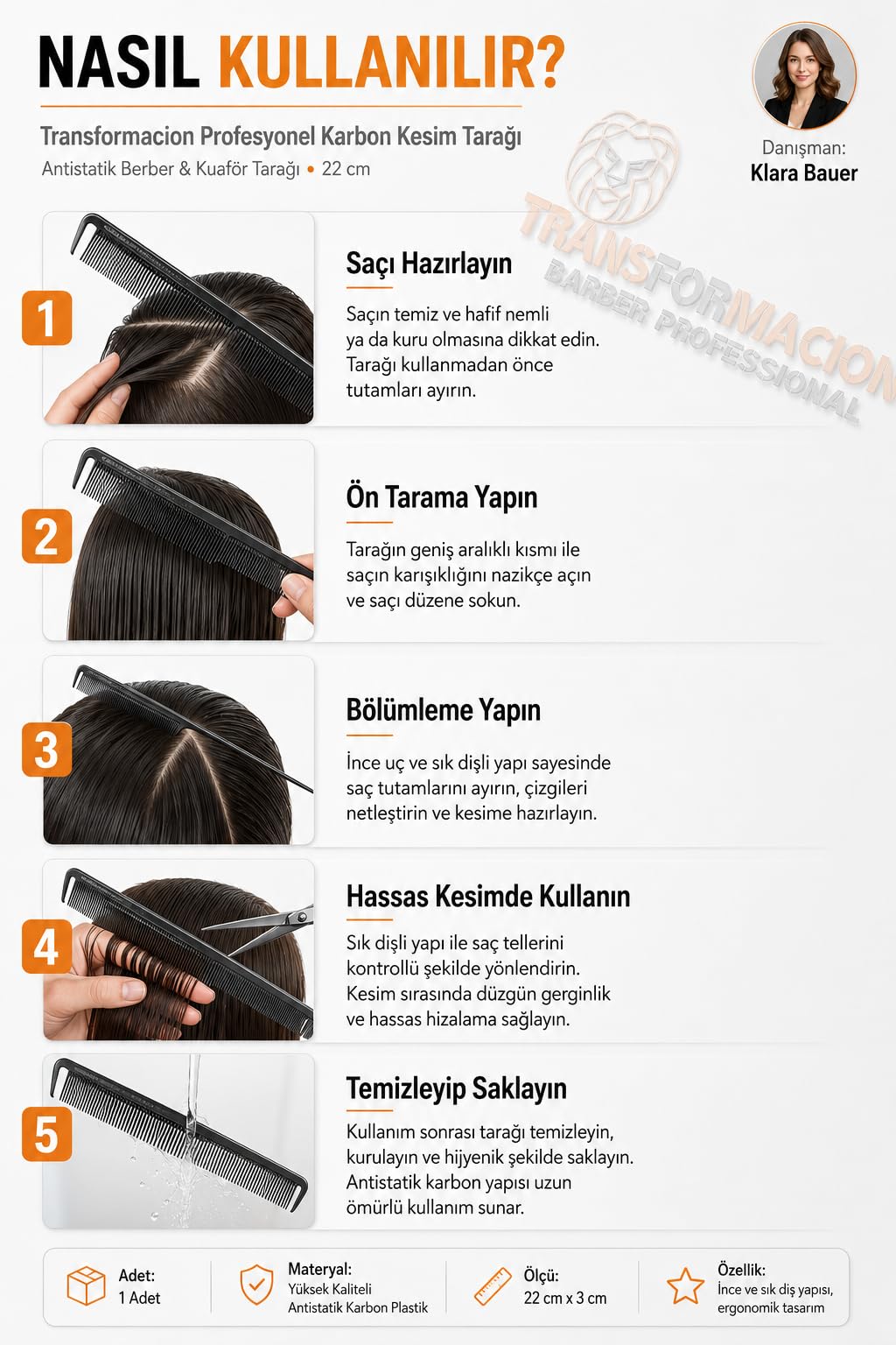Transformacion Profesyonel Karbon Kesim Tarağı - Antistatik Berber & Kuaför Tarağı 22 cm 721790