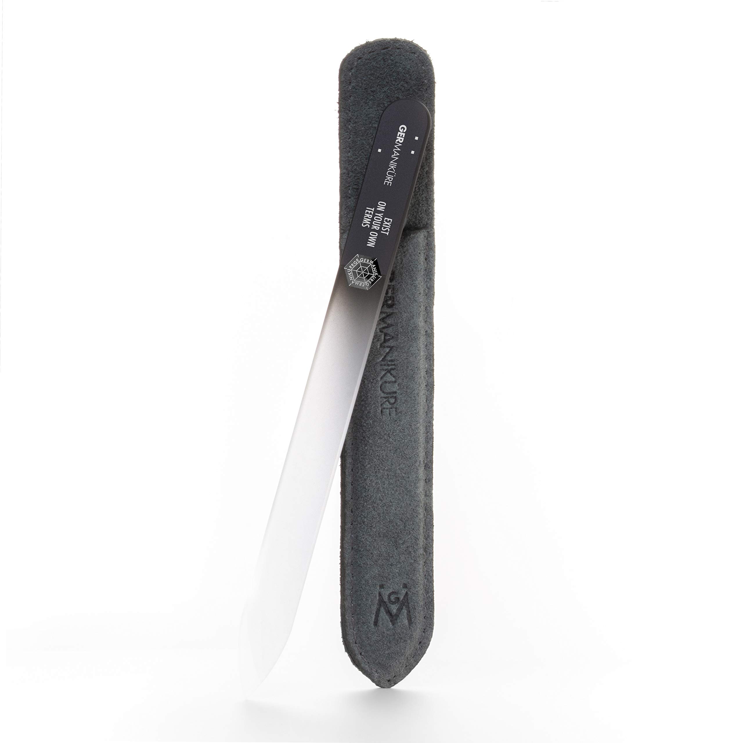 GERMANIKURE Mantra Glass Nail File in Suede Case, Ethically Made in Czech Republic - Professional Manicure & Pedicure Tools for Smooth Easy Shaping of Natural Fingernails