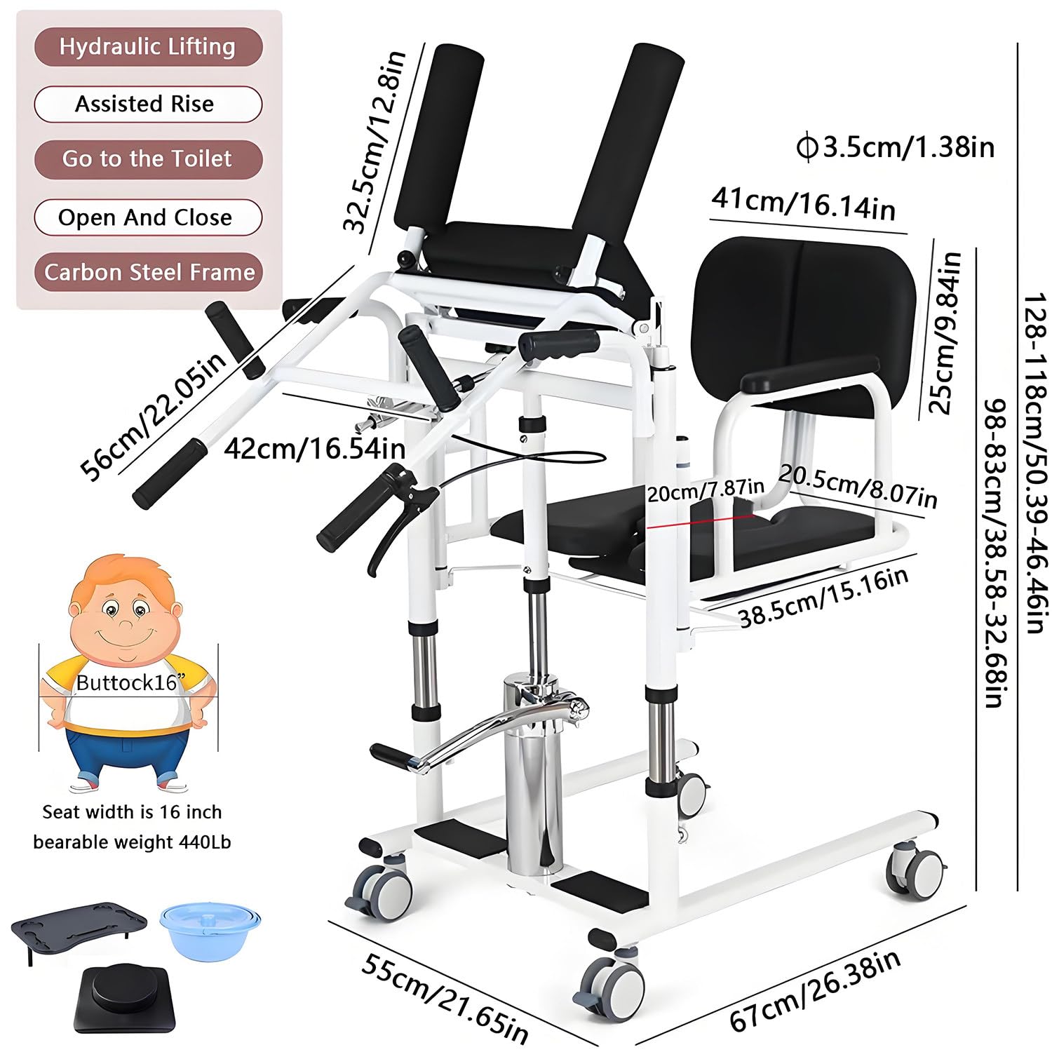 Silla elevadora hidráulica para traslado de Pacientes en casa, con Altura Ajustable y Apertura de 180°, para atención domiciliaria de Adultos Mayores, Capacidad de 400 LB Orange