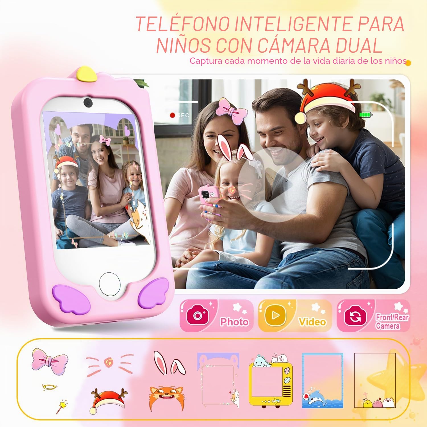 Smartphone Niños Teléfono de Aprendizaje de Pantalla táctil para niños con Doble cámara 2.8 Pulgadas Pantalla táctil teléfono de Aprendizaje Juguete de Aprendizaje con Tarjeta SD 3-9 años