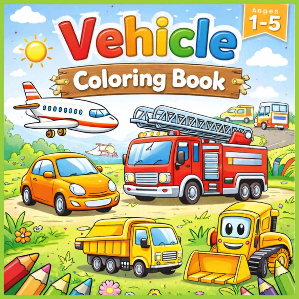 Vehicles Coloring Book for Kids Ages 1–5: Fun & Easy Cars, Trucks, Trains, Tractors and More – Simple Bold 50+ Coloring Pages for Toddlers & Preschoolers
