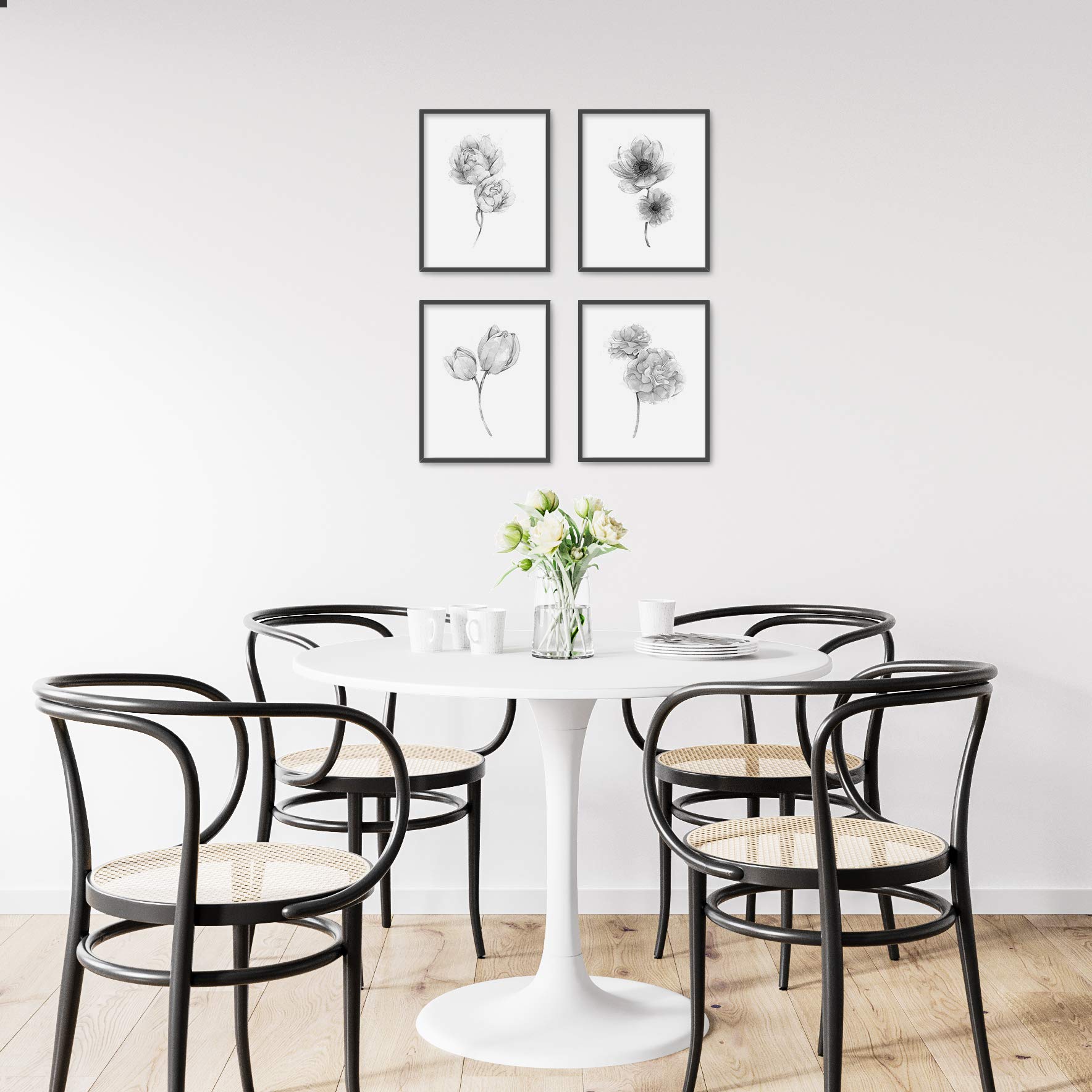 Brooke & Vine Botanische Wanddrucke - 4-teiliges Set Schwarz-Weiß Blumen, Boho Deko Für Wohnzimmer & Büro (20,3 X 25,4 Cm)