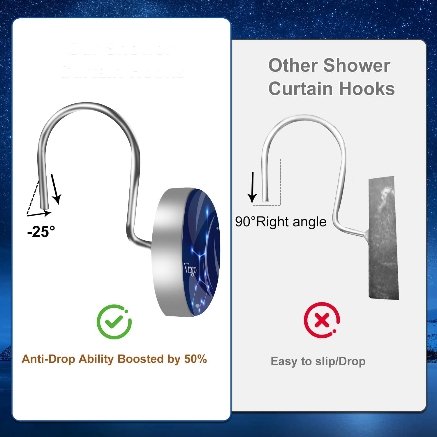 12 Pcs Zodiac Constellation Shower Curtain Hooks, Stainless Steel Resin Crystal Glass Decorative Shower Hooks, Rust Proof Shower Curtain Rings Shower Curtain Hangers for Bathroom