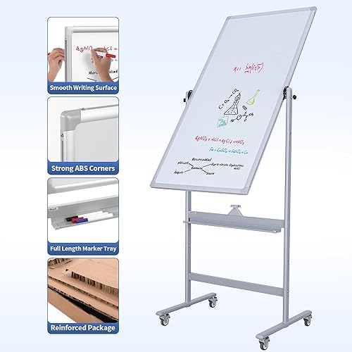 Miniatura 4 de Pizarra blanca móvil de doble cara de 40 x 28 pulgadas con ruedas, pizarra magnética de borrado en seco en el soporte, altura ajustable, marco