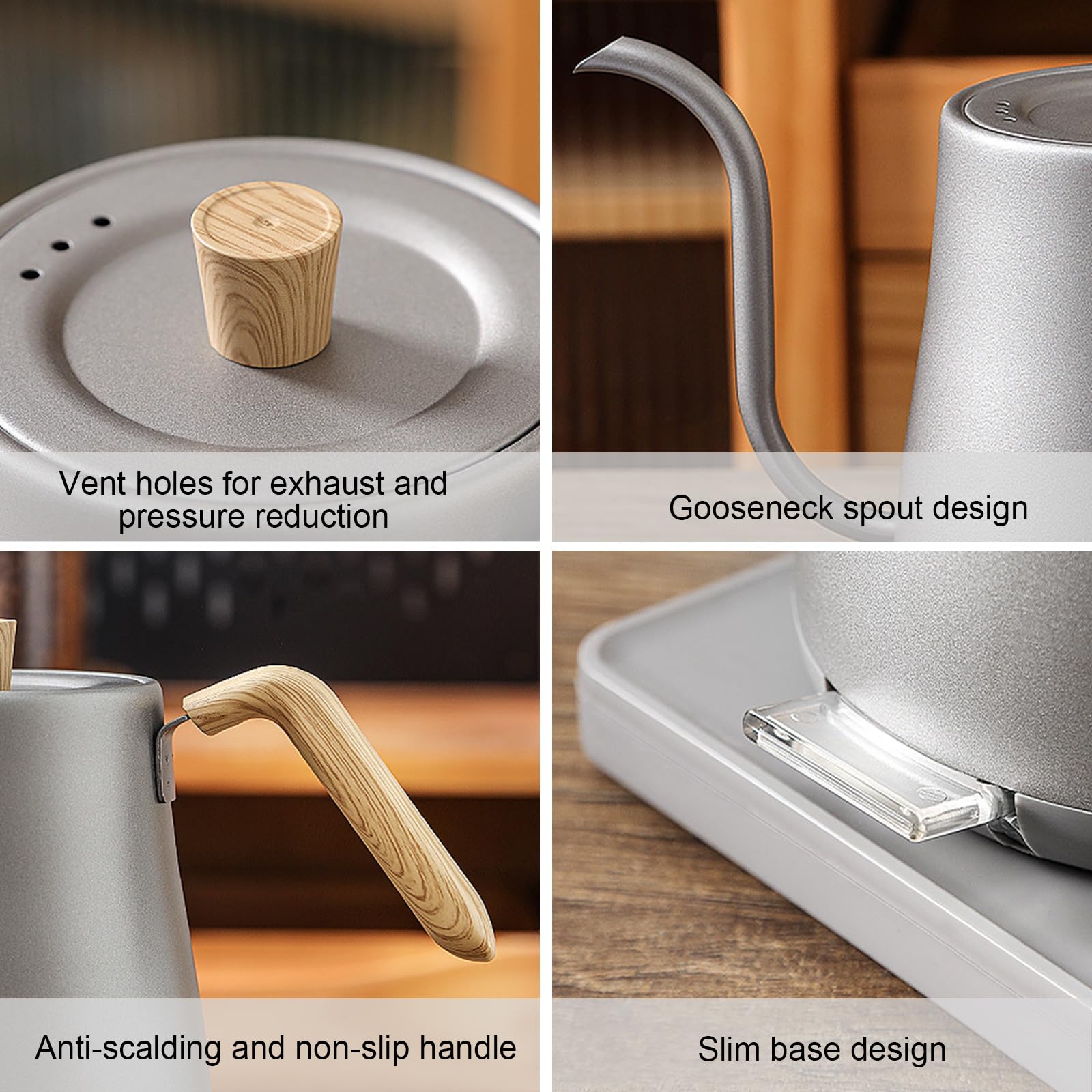 Gooseneck Digital Electric Kettle Set, 304 Stainless Steel Interior Programmed Temperatures with ±1℉ Temperature Control Function, 1000 Watt Rapid Boiling And Keep Warm Function,Silver