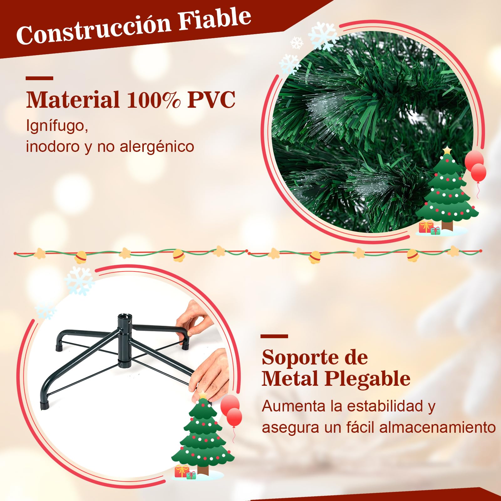 COSTWAY Árbol de Navidad de Fibra Óptica 150 cm, Arbol de Navidad con Luces Incorporadas, 8 Modos de Luz, 170 Puntas de PVC, 20 Copos de Nieve, Estrella, Arvore de Natal Hogar Oficina (150cm)