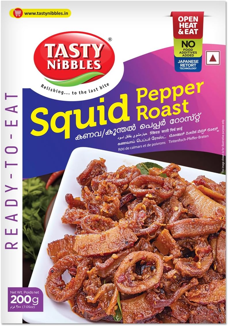 TASTY NIBBLES Ready to Eat Kerala Special Squid Pepper Roast| Koonthal Roast | Kanava Roast| Open Heat & Eat | Non-Vegetarian | No Added Preservatives | Japanese Retort Technology 200GM (Pack of 1)