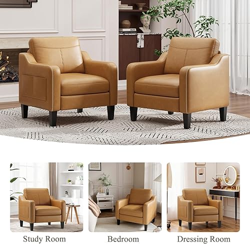 Miniatura 9 de Juego de 2 sillas decorativas de piel sintética, sofá moderno de mediados de siglo con cojines extraíbles, marco de madera maciza y diseño de