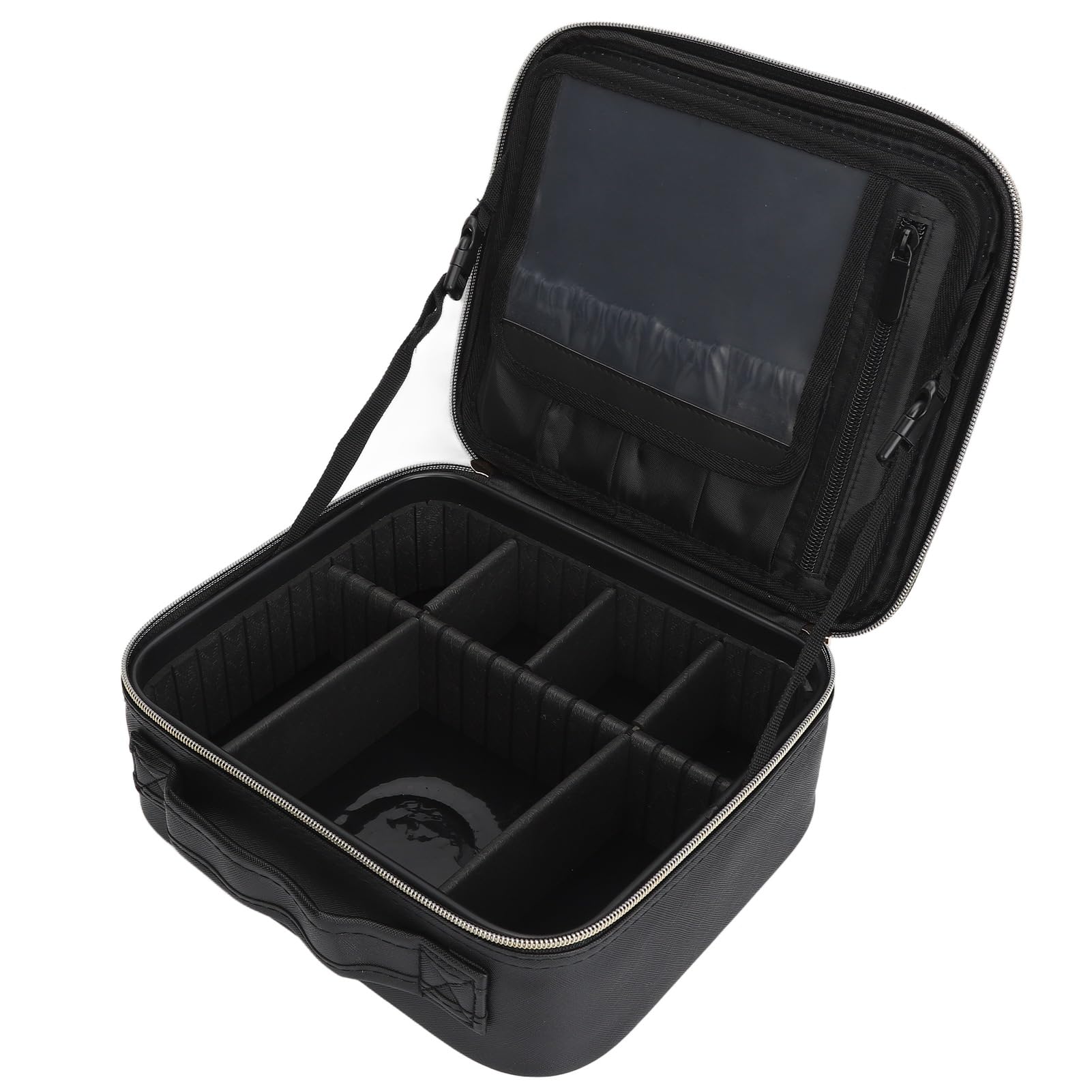 Custodia per trucco con specchio Borsa organizer per cosmetici viaggio professionale grande illuminata Luminosità regolabile 3 luci colorate Pelle PU 6 divisori 26x23x11 cm (Nera)