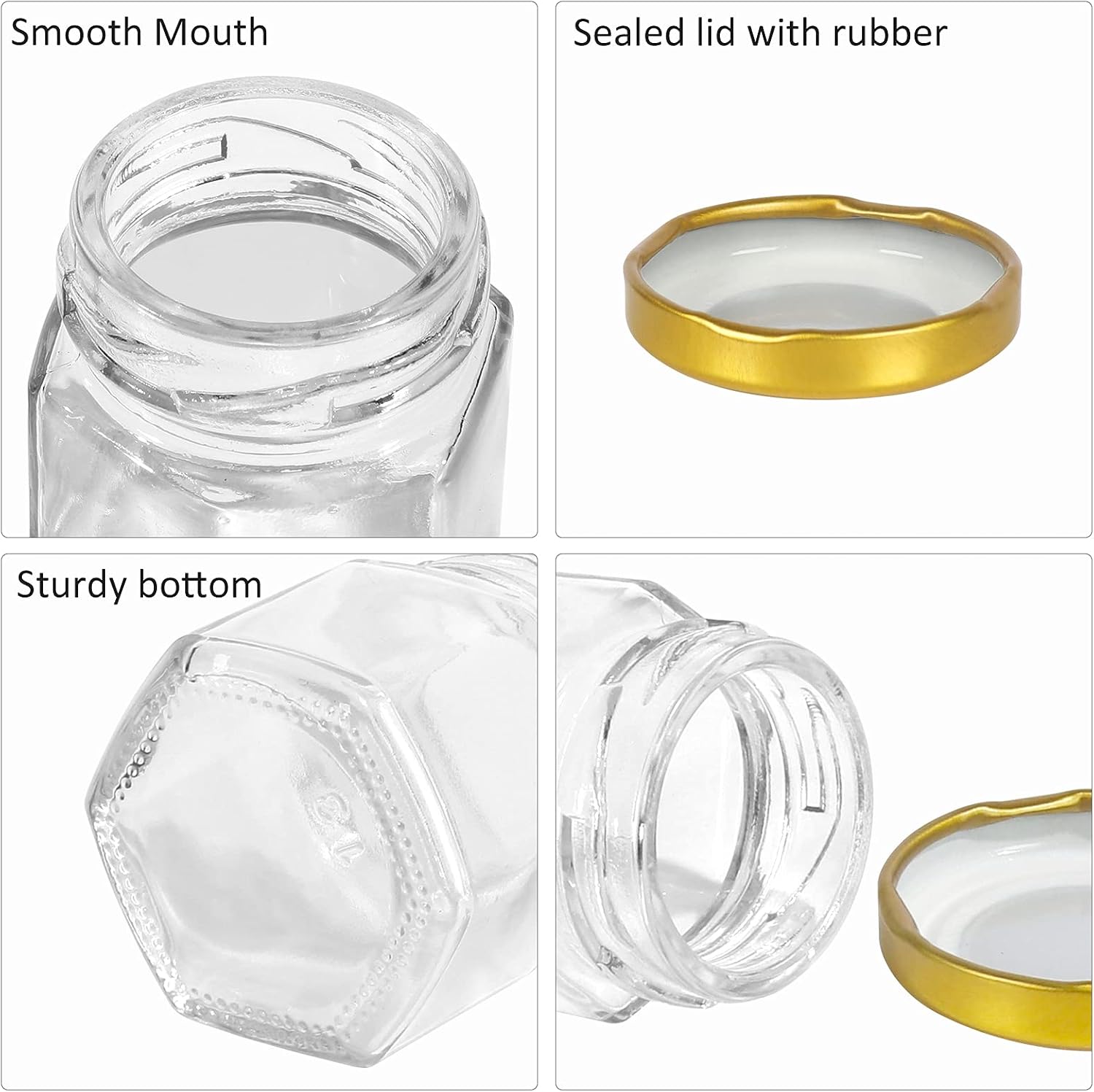 STARSIDE 48 Pack 1.5 oz Hexagon Glass Canning Jars with Gold Lids, Mini Jam Jars for Honey,Sauce,Baby Foods, Wedding Favors,DIY Small Spice Jars. Include 1 Pen and 80 Labels.