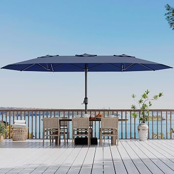 Garvee 15 ft Rectangular Patio Umbrella with Base Included - Large Patio Umbrella with Crank Handle, UV Protection for Outdoor Market, Backyard, Pool - Navy Blue | Rectangular Large Patio Umbrella with Crank Handle 48 LED Lights, UV Protection for Outdoor Market, Backyard, Deck, Poolside