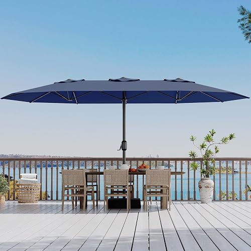 Garvee 15 ft Rectangular Patio Umbrella with Base Included - Large Patio Umbrella with Crank Handle, UV Protection for Outdoor Market, Backyard, Pool - Navy Blue