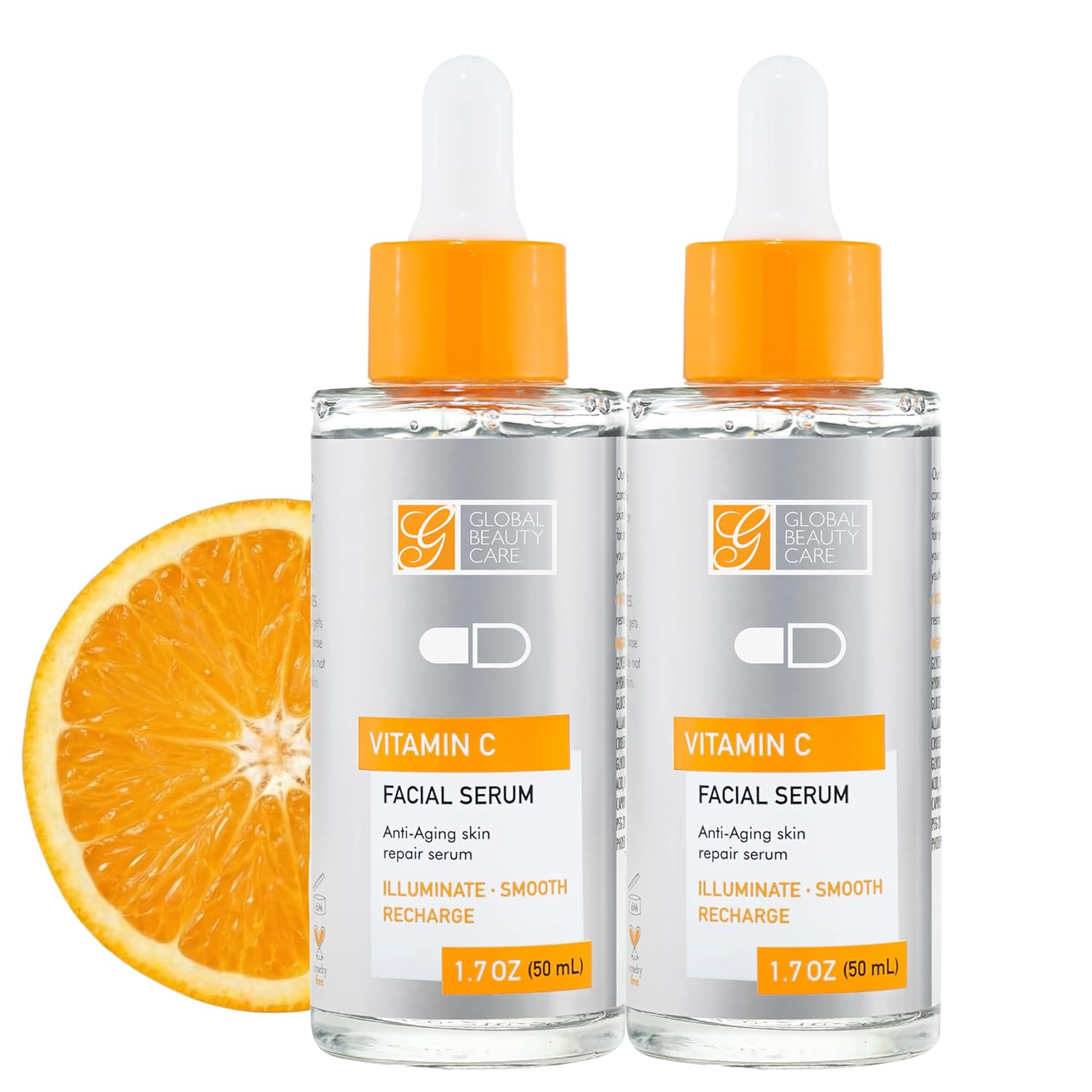 Global Beauty Care Vitamin C Facial Serum - Facial Treatment Serum with Hyaluronic Acid for Uneven Tone & Radiance Appearance Support, Fast Absorbing, Lightweight Hydration, 1.7 fl oz (2-Pack)