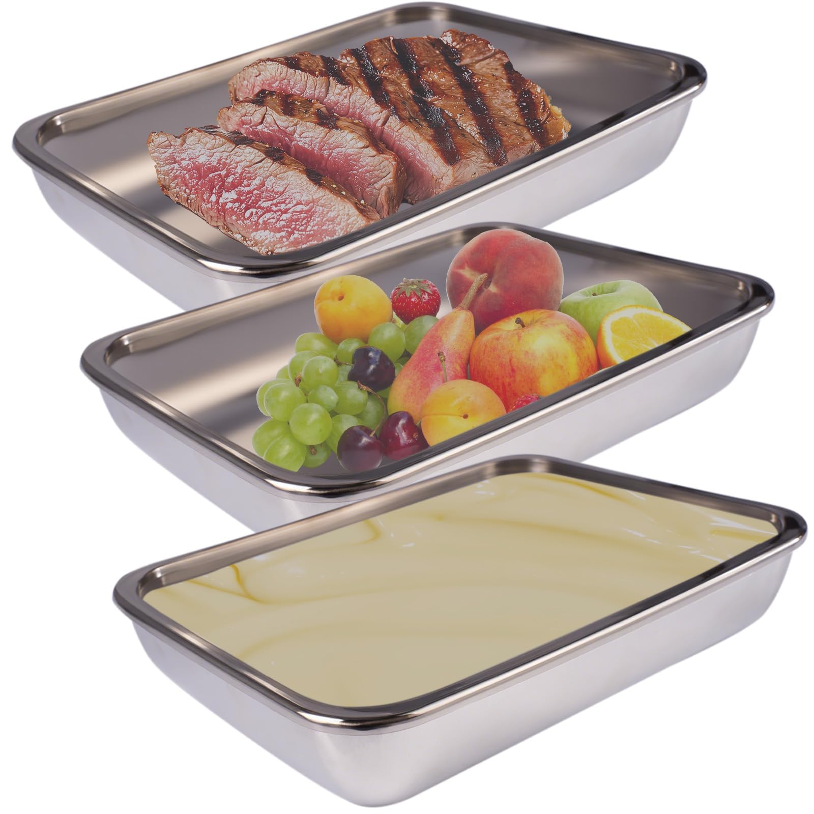 3PCS Stainless Steel Food Container With Lid, 25×20×5cm Kitchen Storage Box