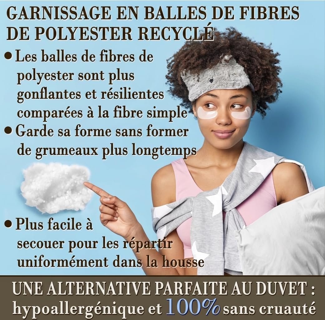 FAM’Home Oreiller 65x65 Lot de 2 | Hypoallergénique Coussin Rectangulaire Respirant et Lavable | Oreillers en Boules de Fibres Creuses en Polyester | Moelleux et Facile d'entretien | Anti Acarien