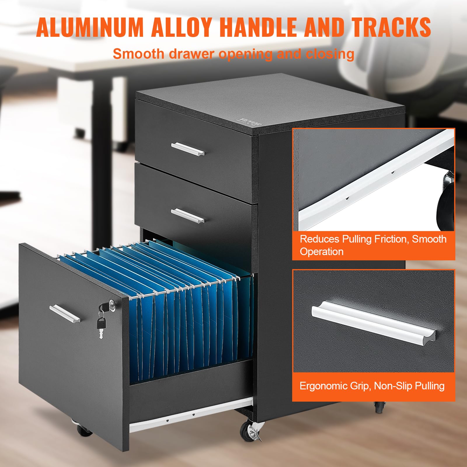 VEVOR Aktenschrank aus Holz mit 3 Schubladen, Aktenschrank mit Verschluss für Brief/A4-Format, 5 Rollen, Schwarz