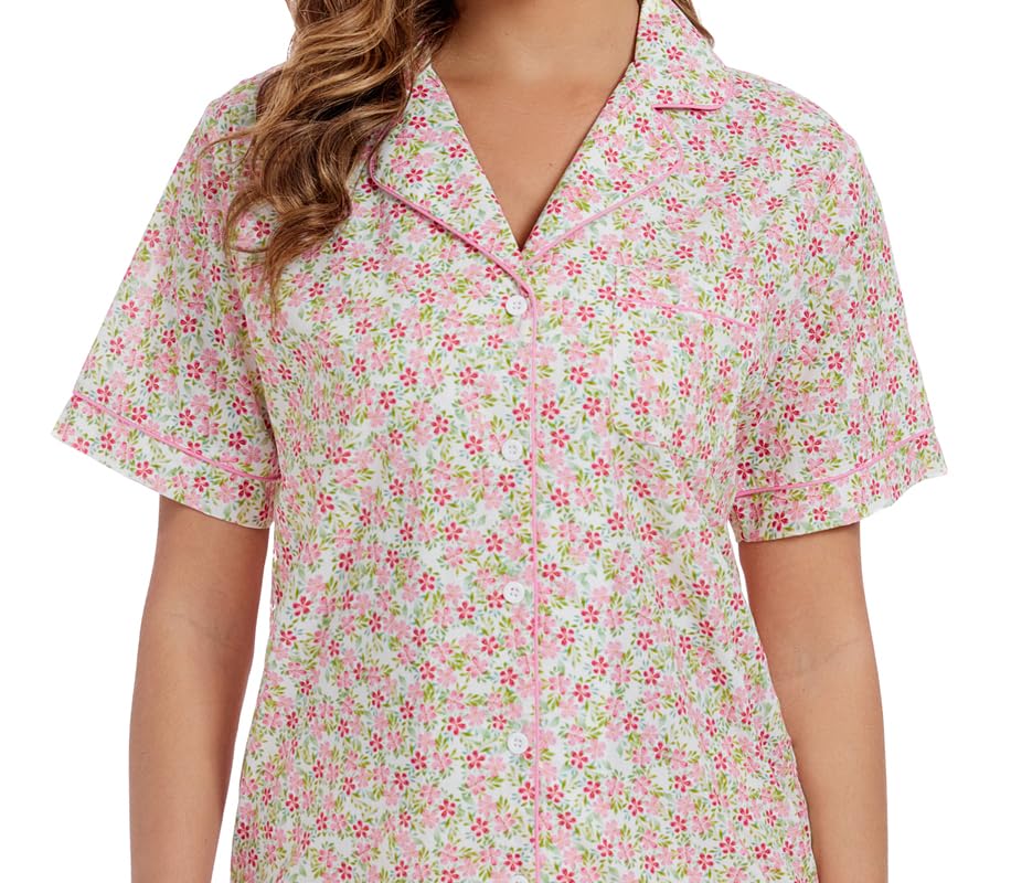 Image of LUBOT 100% Cotton Pajamas for Women 2 Piece PJ Set Poplin Woven Lightweight Ladies Button Short Sleeve Sleepwear S-XXL