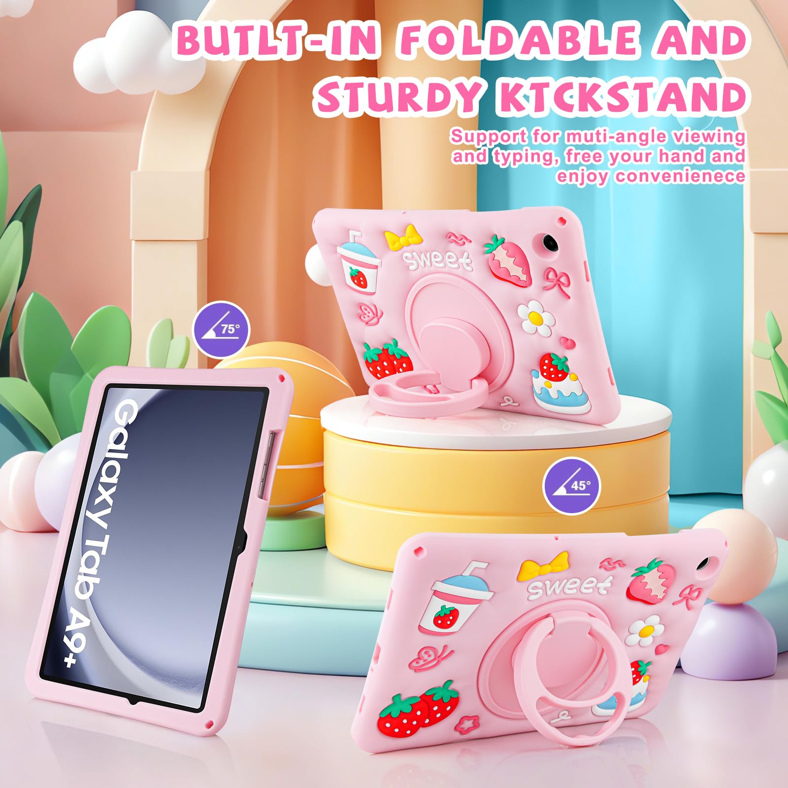 Coque pour Samsung Galaxy Tab A11+ Plus 2025/A9+ Plus 11 Pouces 2025/2023 pour Enfants Filles Protection Antichoc pour Samsung A11+ avec Sangle Ajustable/Support Rotatif à 360°-Rose