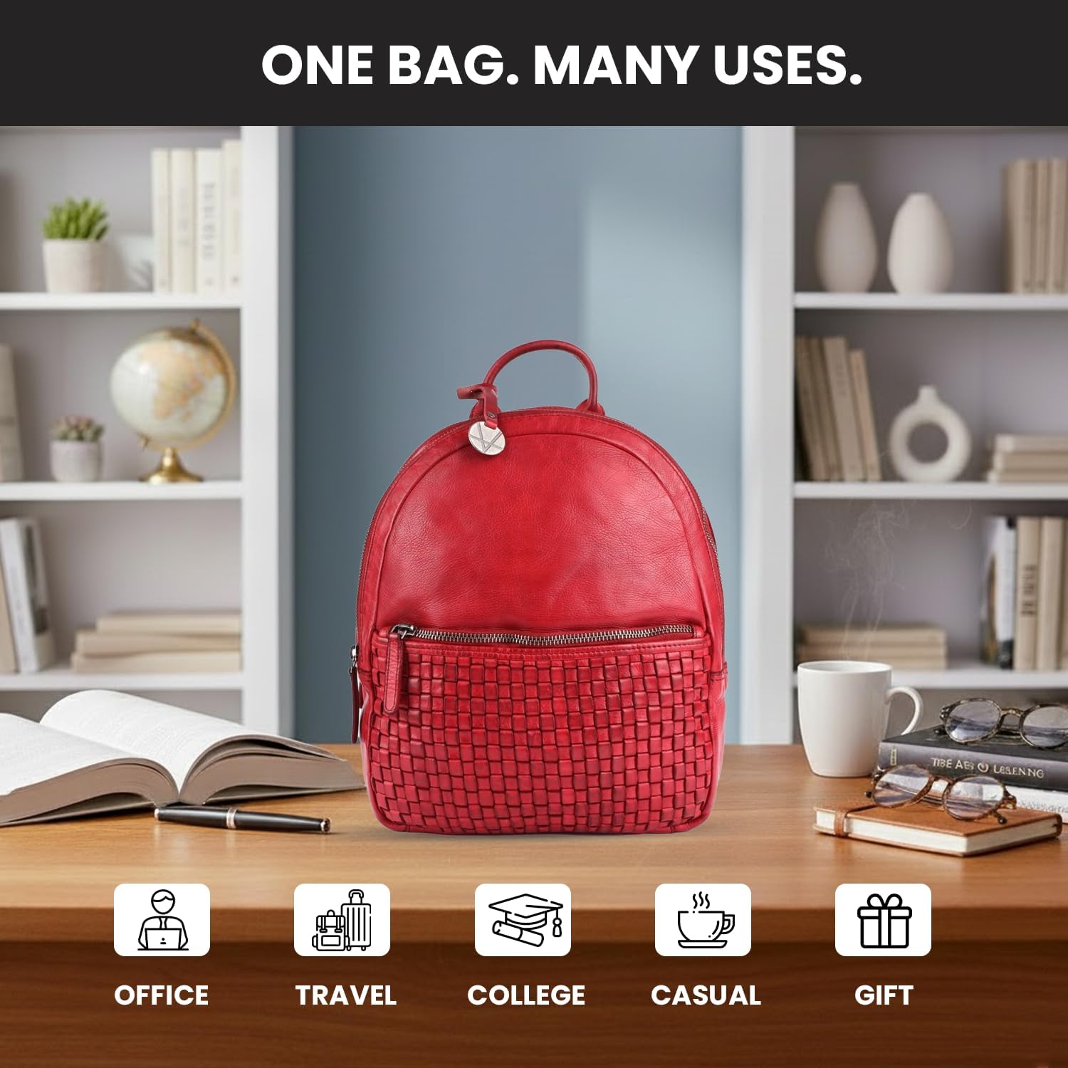 Genuine Leather Backpack for Men, Casual Backpack for Women Office Bag with Adjustable Shoulder Strap (VL-054-RED) - Image 5