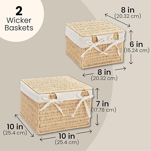 Miniatura 4 de Juvale Contenedores de almacenamiento de mimbre con tapas e inserto, juego de 2, 10 x 10 x 7 pulgadas y 8 x 8 x 6 pulgadas, color marrón, cestas