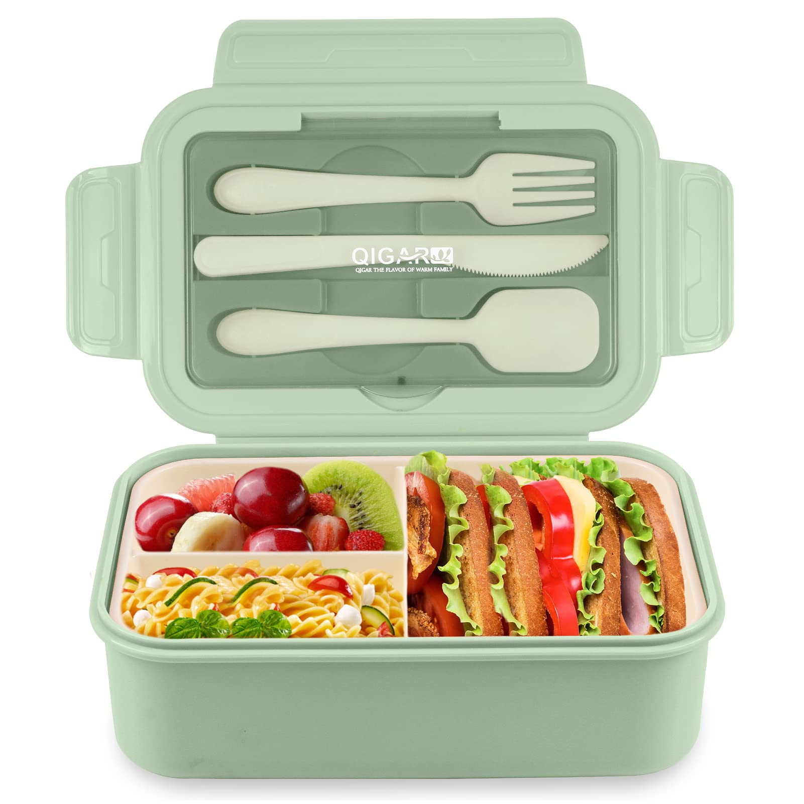 NatraProw Bento Box for Adult, 1400 ML Lunch Containers for Adults, LeakProof Lunch Box with Utensils, BPA Free, 3 Compartment Bento Box Microwave Safe, Light Green