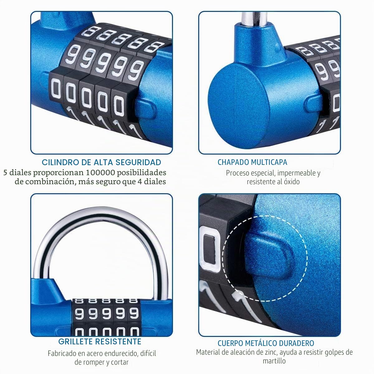 2 Pcs Cerradura de la Combinación de Seguridad Candado de 5 Dígitos, Juego de Candado Impermeable Antirruido Reajustable, para Gimnasio al Aire Libre Oficina de la Escuela Casa Maleta (Azul)