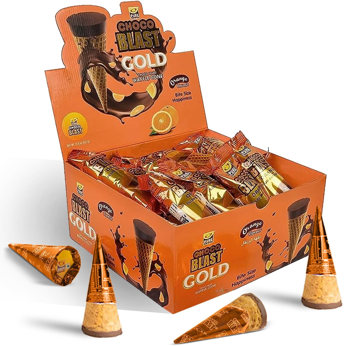 Pure Temptation® Gold Chocoblast - Orange Chocolate Flavoured Waffle Cone - Premium Chocolates for Kids Gift Pack -1 x 30 pcs - Birthday Chocolate Gift Box for Girls & Boys (Orange)