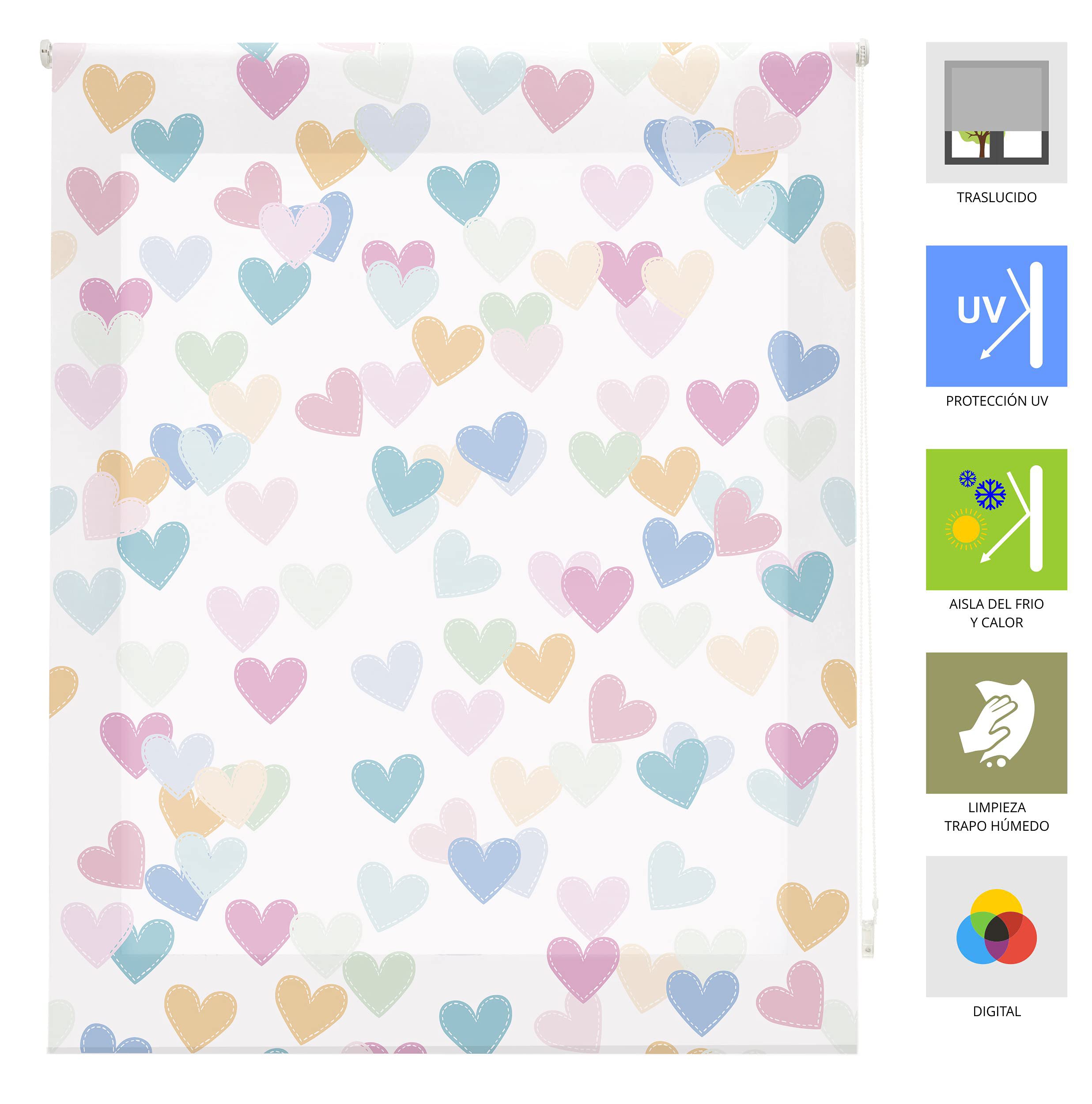 Blindecor Numérique Enfant | Store Enrouleur Translucide avec Impression numérique | Modèle Hearts | 130 x 180 cm (Largeur Hauteur) Dimensions du Tissu 127 x 175 cm | Store de fenêtre