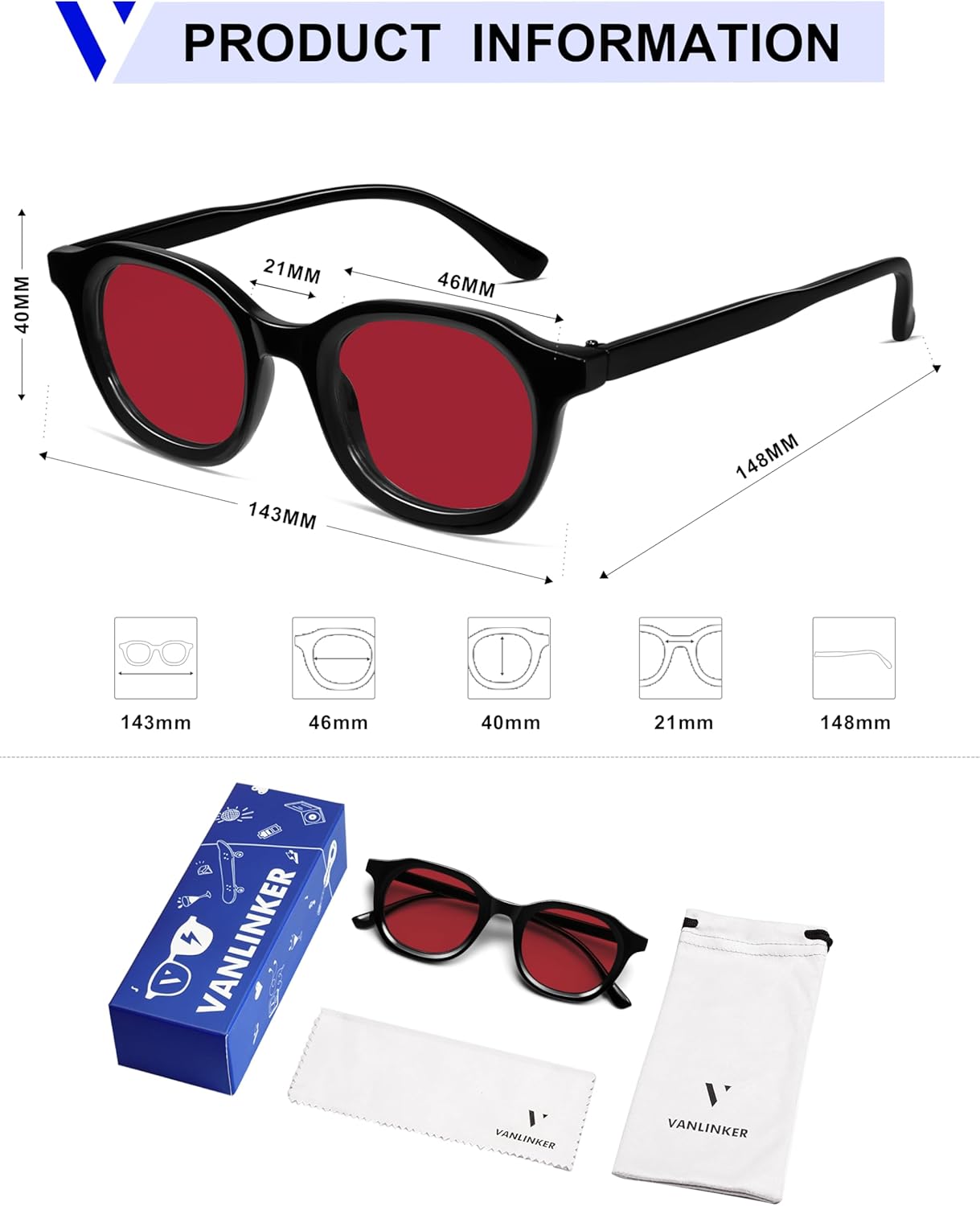 VANLINKER Retro Round Sunglasses for Men Women Vintage Circle Shades VL9829 46mm - Image 5