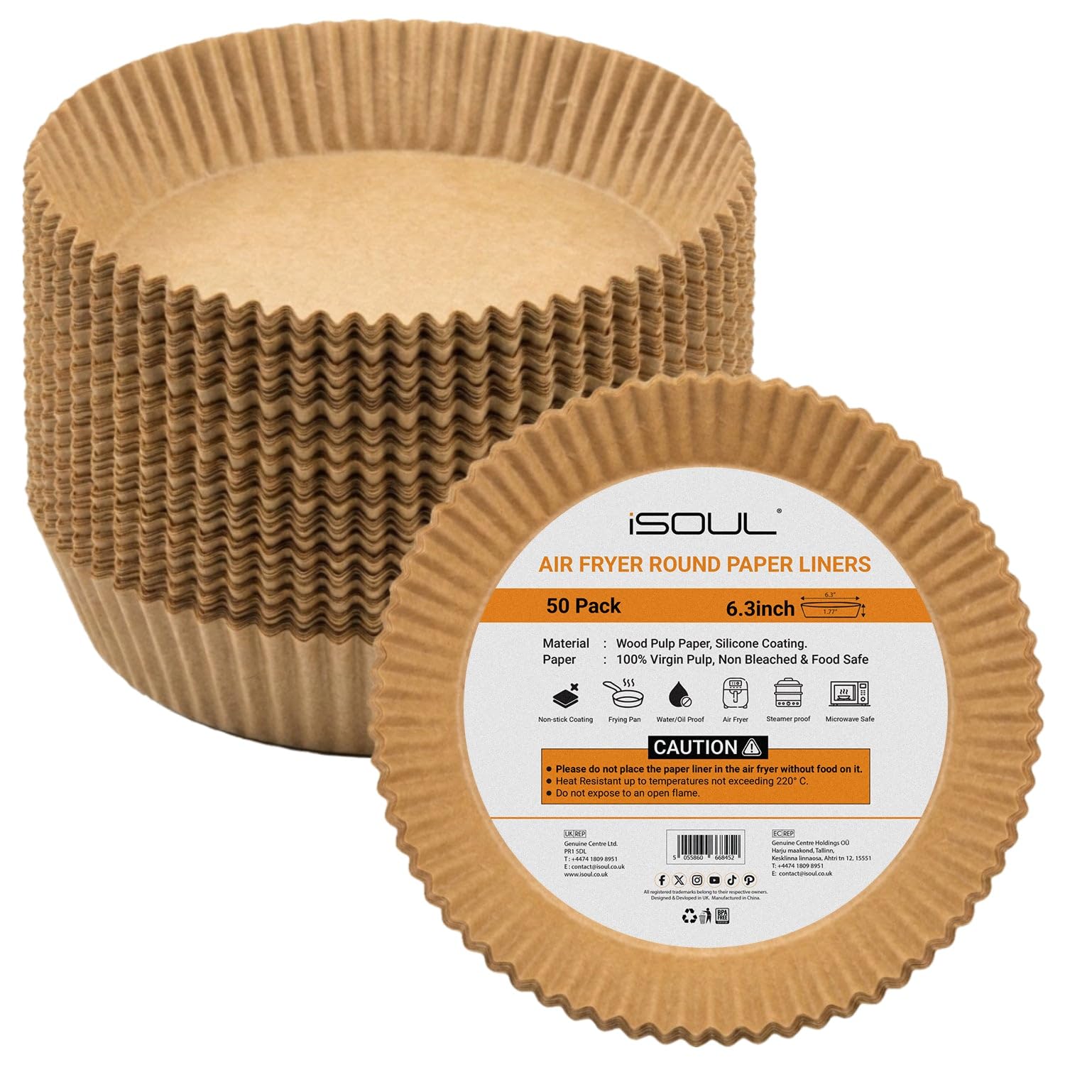 iSOUL Air Fryer Liners, 6.3 inch Round Air Fryer Disposable Paper Liners, Non-Stick Baking Paper for Air Fryer, Food Grade Parchment Compatible with COSORI, Ninja, Tower Air Fryer 50 Pack