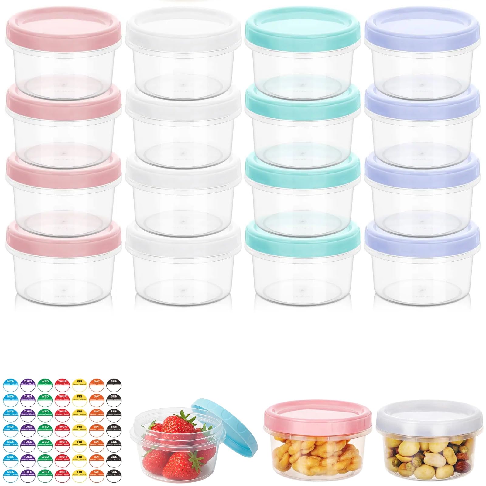 16 Pack Small Food Containers with Lids 200ML, Reusable Small Plastic Tubs with Lids, Leakproof Mini Frozen Food Storage Pot BPA-Free for Sauce, Yogurt, Fruit, Microwave and Freezer Safe (4 Colors)
