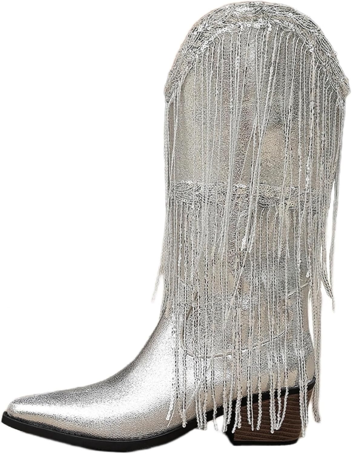 Women's Sparkly Fringe Cowgirl Boots - Western Pointed Toe & Chunky Heel Wide Calf Pull On​