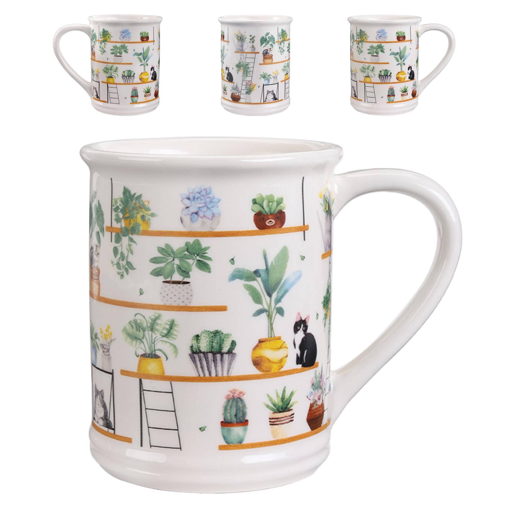 Potiera 16 oz Cats Plant Coffee Mug, Birthday Gifts for Plant Cat Lovers